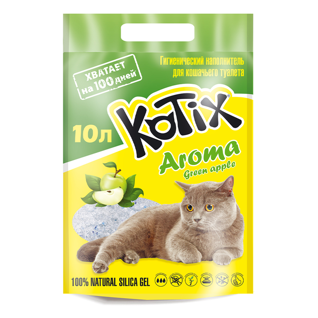 Силікагелевий наповнювач для котячого лотка Kotix Green Apple з ароматом зеленого яблука 10 л - Фото 1 Силікагелевий наповнювач для котячого лотка Kotix Green Apple з ароматом зеленого яблука 10 л - зображення 1