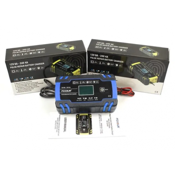 Зарядное устройство для автомобильного аккумулятора Foxsur 12V-24V 8A (подходит на свинцово-кислотные и гелиевые АКБ) Синий FBC122408D - изображение 3