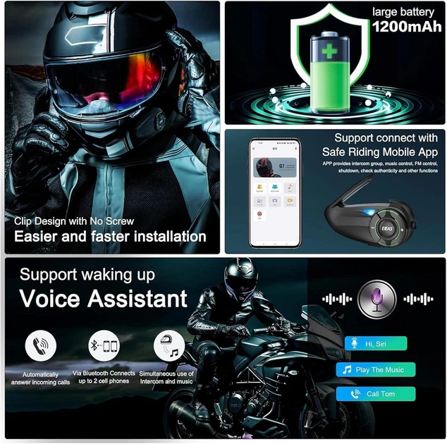 Мотогарнитура EJEAS Q8, интерком Bluetooth 1000м с CVC шумоподавлением, FM, IP67, 1200 мАч с Mesh 3.0 для мото - Фото 6 Мотогарнитура EJEAS Q8, интерком Bluetooth 1000м с CVC шумоподавлением, FM, IP67, 1200 мАч с Mesh 3.0 для мото - изображение 6