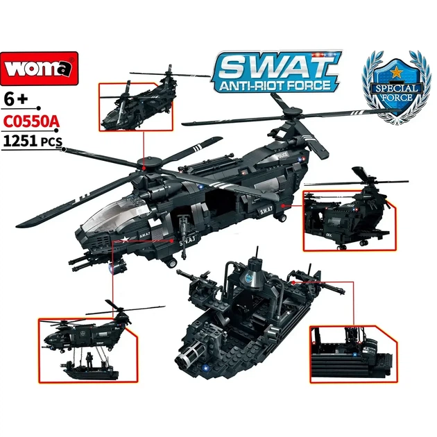 Конструктор SWAT Anti-Riot Force 1251 деталей вертоліт та човен для тактичних ігор 63x36x16 см - Фото 4 Конструктор SWAT Anti-Riot Force 1251 деталей вертоліт та човен для тактичних ігор 63x36x16 см - зображення 4