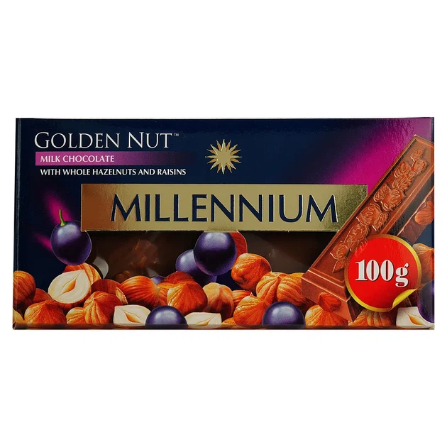 Шоколад молочний Millennium Gold з цілими лісовими горіхами та родзинками 100 г - Фото 1 Шоколад молочний Millennium Gold з цілими лісовими горіхами та родзинками 100 г - изображение 1