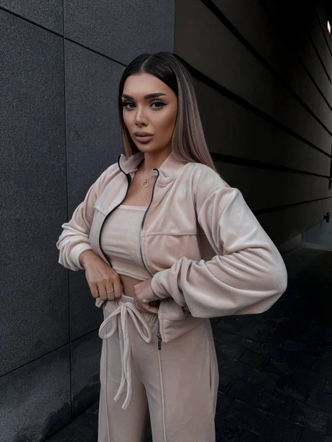 Жіночий велюровий костюм (кофта+штани+топ) Uaclothes 46-48 Бежевий (like36680-171061350) - изображение 2