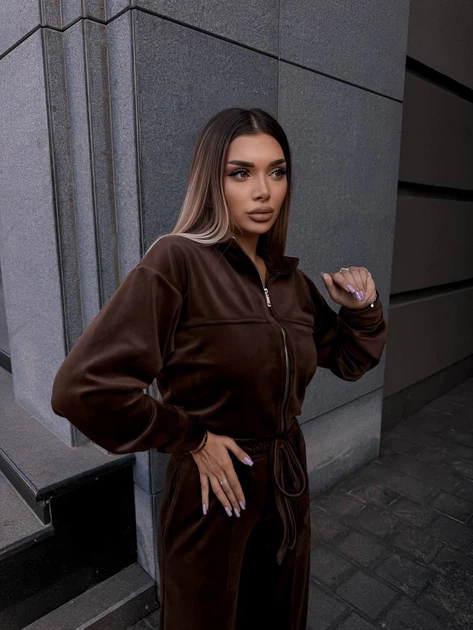 Жіночий велюровий костюм (кофта+штани+топ) Uaclothes 46-48 Коричневий (like36678-171041350) - изображение 3