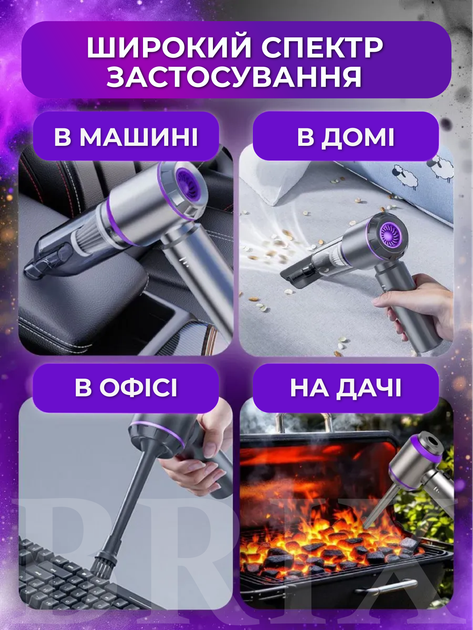 Пылесос автомобильный Серый с фиолетовым 15 kPa 6000 mAh 3-в-1 с функцией выдува и вакууматора - изображение 3