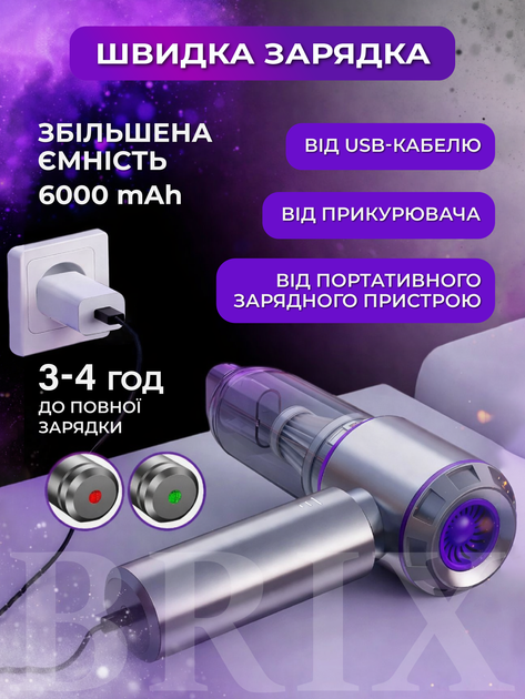 Пылесос автомобильный Серый с фиолетовым 15 kPa 6000 mAh 3-в-1 с функцией выдува и вакууматора - изображение 5