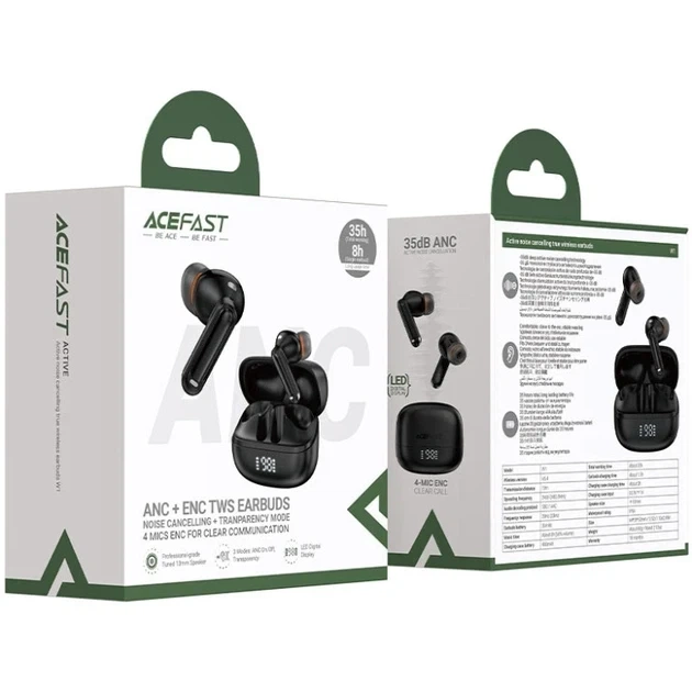 Навушники ACEFAST W1 Active Noise Cancelling true wireless earbuds Black - Фото 1 Навушники ACEFAST W1 Active Noise Cancelling true wireless earbuds Black - изображение 1