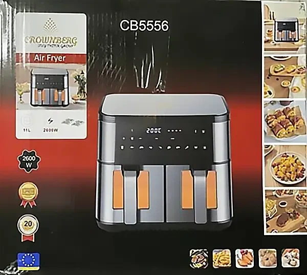 Сенсорная аэрофритюрница Crownberg CB-5556, 11 л/2600 Вт, с двумя чашами, Черный - изображение 2