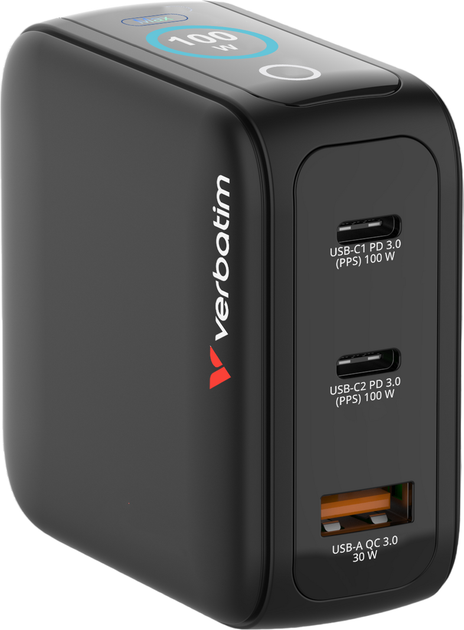 Ładowarka sieciowa Verbatim Mini GaN Charger 3-port 100W with Display Black (23942302391) - obraz 2