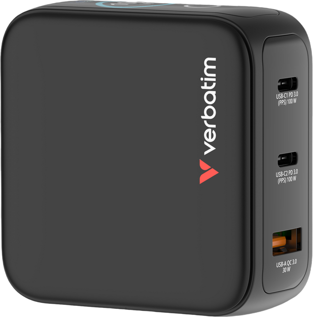 Ładowarka sieciowa Verbatim Mini GaN Charger 3-port 100W with Display Black (23942302391) - obraz 3