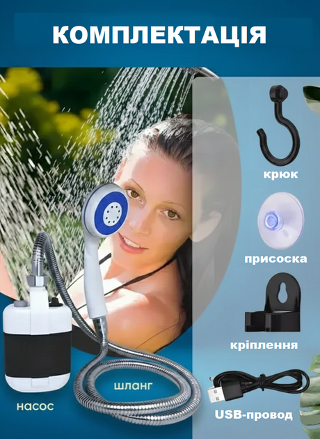 Портативний туристичний душ від акумулятора 2200 мАг, переносний похідний душ з насосом USB (White) - Фото 2 Портативний туристичний душ від акумулятора 2200 мАг, переносний похідний душ з насосом USB (White) - изображение 2