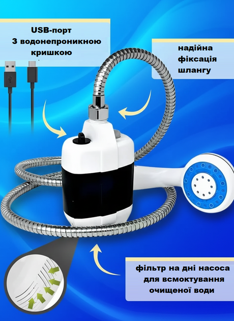 Портативний туристичний душ від акумулятора 2200 мАг, переносний похідний душ з насосом USB (White) - Фото 5 Портативний туристичний душ від акумулятора 2200 мАг, переносний похідний душ з насосом USB (White) - изображение 5