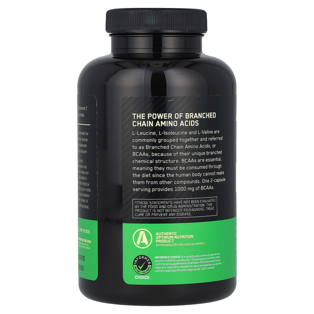 Аминокислотный комплекс Optimum Nutrition "Mega-Size BCAA 1000 Caps" бцаа цепь 2:1:1 (200 капсул) - изображение 3