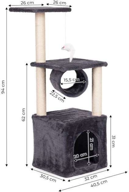 Drapak Petsi AIE-ATS38 wieża z domkiem 94 cm Szary (5905817010431) - obraz 5