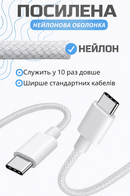 Кабель Type-С Type-С 60W 3A 1 м, быстрая зарядка, 480 Мбит/с, шнур шнурок для зарядки смартфона, планшета, ноутбука, белый UC60M - Фото 5 Кабель Type-С Type-С 60W 3A 1 м, быстрая зарядка, 480 Мбит/с, шнур шнурок для зарядки смартфона, планшета, ноутбука, белый UC60M - изображение 5