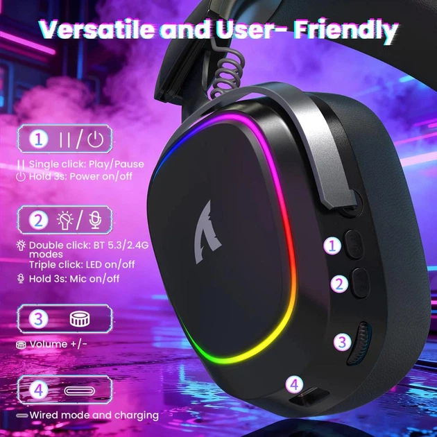 Геймерська бездротова (Bluetooth + 2,4G) гарнітура Attack Shark G800 RGB (вага 180 гр) Black (G800B) - зображення 7