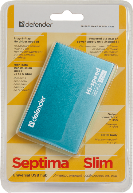 USB-хаб Defender Septima Slim+Adapterб 7xUSB 2.0 220V (83505) (6054147) - изображение 5