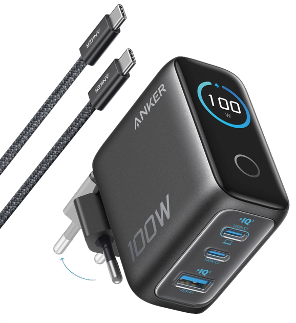 Сетевое зарядное устройство Anker GaN Charger 100W, 2xUSB-C PD & 1xUSB-A w Display and Cable серый (7232956) - Фото 1 Сетевое зарядное устройство Anker GaN Charger 100W, 2xUSB-C PD & 1xUSB-A w Display and Cable серый (7232956) - изображение 1