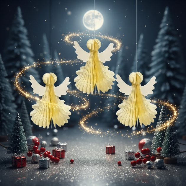 Набір підвісних паперових новорічних прикрас “Янгол”, 3 шт | Paper Hanging Decorations Angels - Фото 1 Набір підвісних паперових новорічних прикрас “Янгол”, 3 шт | Paper Hanging Decorations Angels - зображення 1