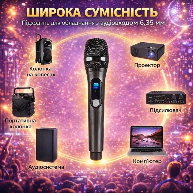 Бездротовий караоке мікрофон до 50 м, 10 годин роботи, з приймачем 6.3 мм, темно-сірий - зображення 3