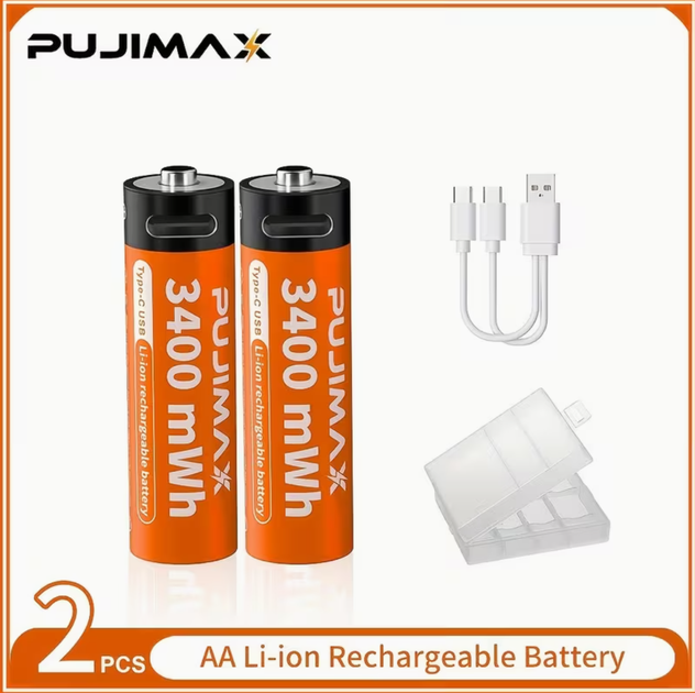 Акумулятори пальчикові AA з входом USB Type-C 3400mWh 1.5V акумуляторні батареї з роз'ємом для зарядки в іграшки пульти Pujimax 2шт с кабелем - зображення 2