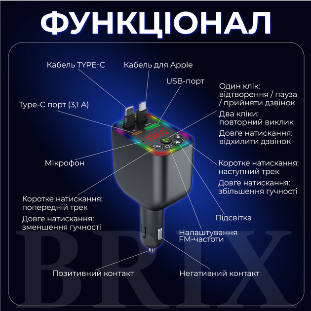 FM-модулятор трансмиттер Bluetooth 5.0 с выдвижными кабелями Type-C/Lightning и быстрой зарядкой 100W Черный - изображение 5