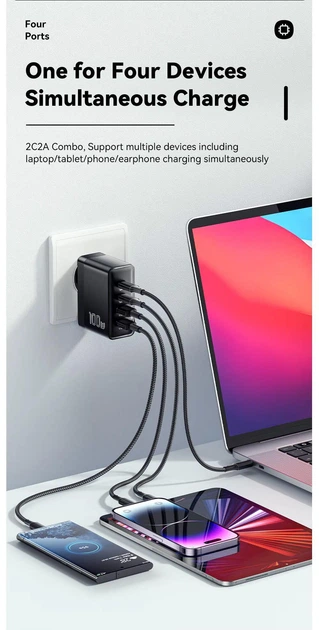 Зарядное устройство 4 in 1 Essager ES-CD37 GAN 100 Вт, USB-C, защита USB-A, для iPhone 17, 16, 15, ноутбуков и Mac Black - Фото 5 Зарядное устройство 4 in 1 Essager ES-CD37 GAN 100 Вт, USB-C, защита USB-A, для iPhone 17, 16, 15, ноутбуков и Mac Black - изображение 5