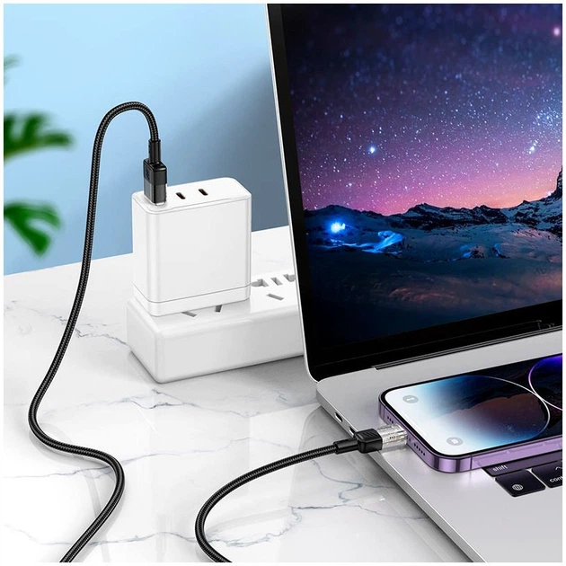 Кабель Hoco U129 прозорий Lightning 1.2м текстильна обплетення для iPhone чорний - зображення 8