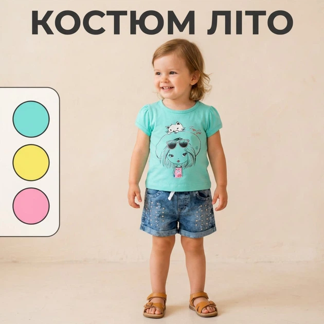 Костюм летний для девочки Finger с футболкой и шортами 3р 98 см бирюзовый - Фото 1 Костюм летний для девочки Finger с футболкой и шортами 3р 98 см бирюзовый - изображение 1