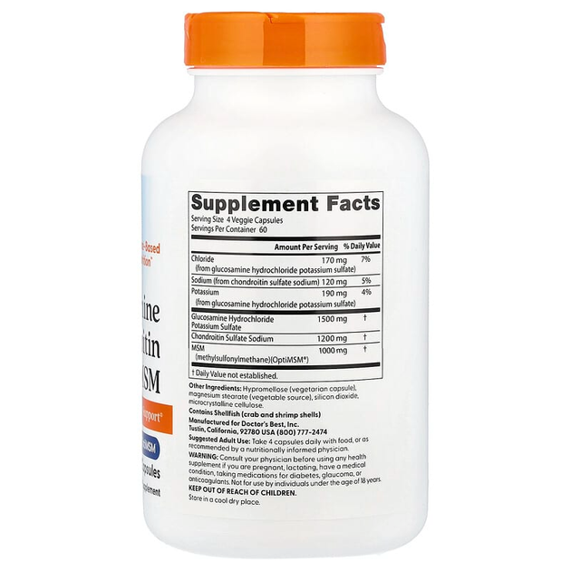 Глюкозамин, хондроитин и МСМ Doctor's Best "Glucosamine Chondroitin MSM with OptiMSM" хондропротектор (240 вегетарианских капсул) - изображение 2