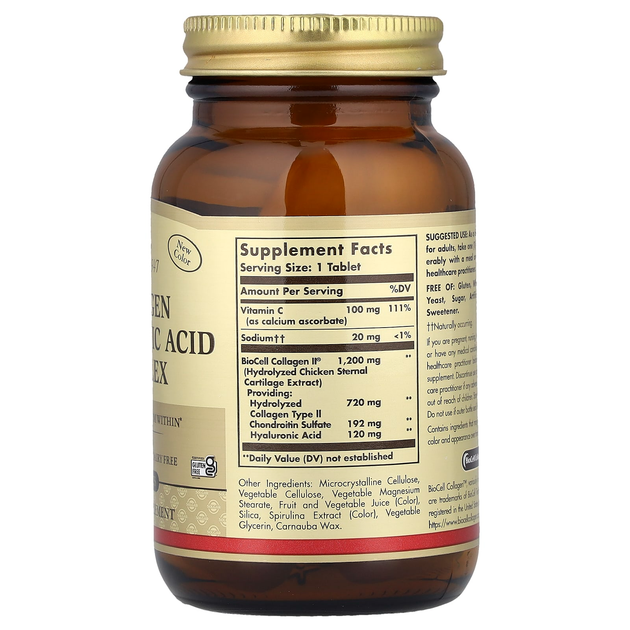 Гиалуроновая кислота SOLGAR "Hyaluronic Acid" с витамином С, коллагеном и хондроитином, 120 мг (30 таблеток) - изображение 4