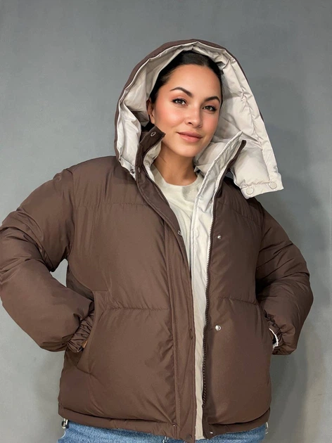 Куртка жіноча Fashions 87257 двостороння пуффер з капюшоном L коричнева з бежевим - Фото 4 Куртка жіноча Fashions 87257 двостороння пуффер з капюшоном L коричнева з бежевим - зображення 4