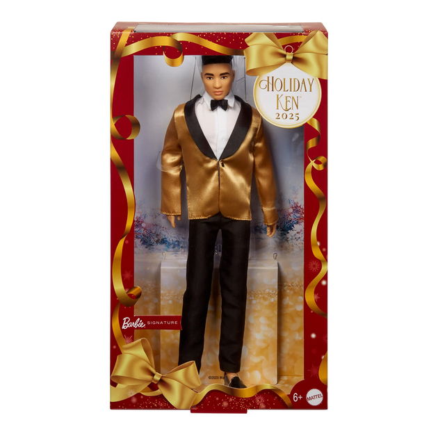 Кукла Кен Барби коллекционный Праздничный Азиат в золотом жакете Barbie Signature Ken 2025 Holiday Black Hair (JGN83) (JGN83) - изображение 7