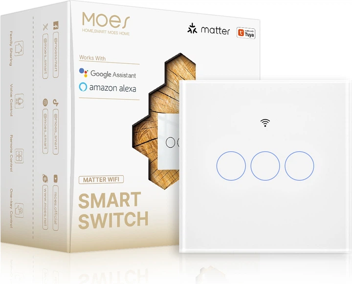Розумний перемикач Moes Matter Wi-Fi скляний сенсорний на 3 канали Білий (MWS-EU3-WH) - зображення 3
