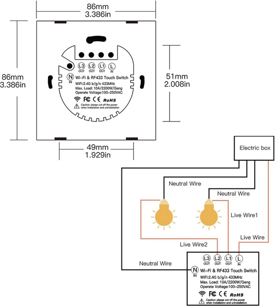 Розумний перемикач Moes Wi-Fi RF скляний на 2 канали Білий (WRS-EU2-WH-MS) - зображення 8