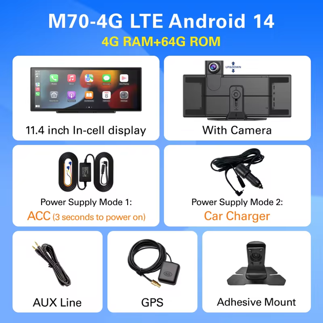 Авто экран - Imagebon M70 11.4" 4G Android 14 | 4+64 ГБ | 8 ядер | CarPlay / Android Auto | Разделенный экран | Видеорегистратор - изображение 2