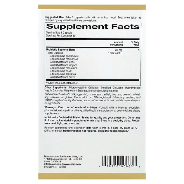 Пробиотики California GOLD Nutrition "LactoBif 5 Probiotics" для восстановления микрофлоры кишечника у взрослых, 8 активных штаммов / 5 лактобактерий и 3 бифидобактерии, 5 млрд КОЕ (60 растительных капсул) - изображение 2