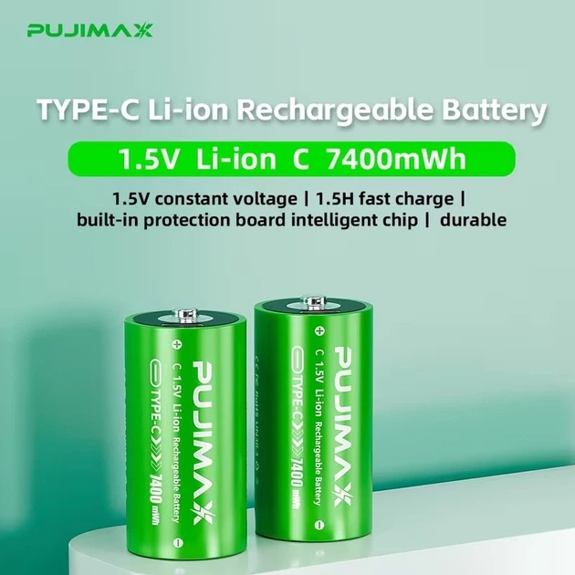 Аккумуляторы Pujimax Тип C/R14 с USB Type-C 7400mWh 1.5V Li-Ion (2 шт + кабель + кейс) (16235-2) - Фото 3 Аккумуляторы Pujimax Тип C/R14 с USB Type-C 7400mWh 1.5V Li-Ion (2 шт + кабель + кейс) (16235-2) - изображение 3