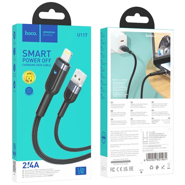 Кабель USB Hoco U117, USB to Lightning, 2.4А, 1.2m, черный - изображение 4