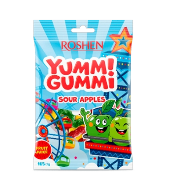 Упаковка желейних цукерок Roshen Yummi Gummi Sour apples 165 г х 10 шт - Фото 1 Упаковка желейних цукерок Roshen Yummi Gummi Sour apples 165 г х 10 шт - зображення 1