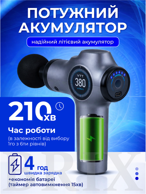 Масажер перкусійний Сірий 2400 mAh 6 режимів 4 насадки - зображення 4