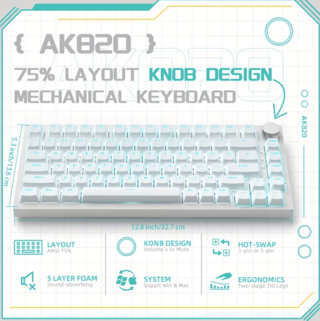 Механічна ігрова клавіатура ajazz ak820, з підсвічуванням, hot-Swap, 75% формат, дротова white - Фото 2 Механічна ігрова клавіатура ajazz ak820, з підсвічуванням, hot-Swap, 75% формат, дротова white - зображення 2