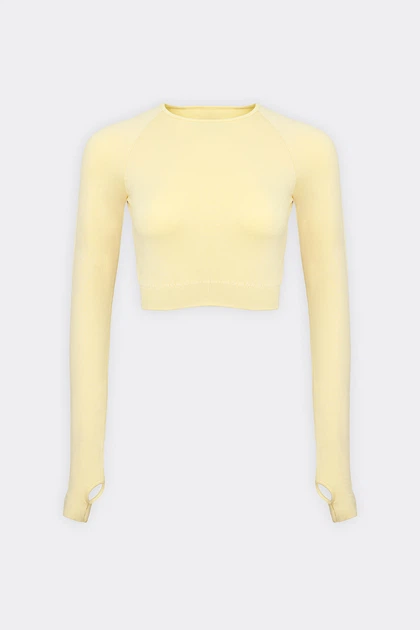 Женский кроп-лонгслив с акцентными митенками Giulia FLEX LONGSLEEVE ACTIVE XXS/XS Yellow-lemon grass, спортивный кроп топ из микрофибры - изображение 2