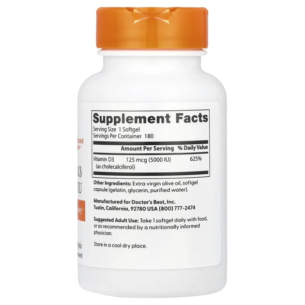 Вітамін D3 Doctor's Best (Vitamin D3) 5000 МО 180 капсул (DRB-00218) - зображення 2