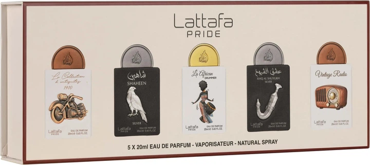 Набір парфумованих вод унісекс Lattafa Pride Bike 1910 20 мл + Shaheen Silver 20 мл + African Drummer 20 мл + Shuyukh Silver 20 мл + Vintage Radio 20 мл (6290362348061) - зображення 1