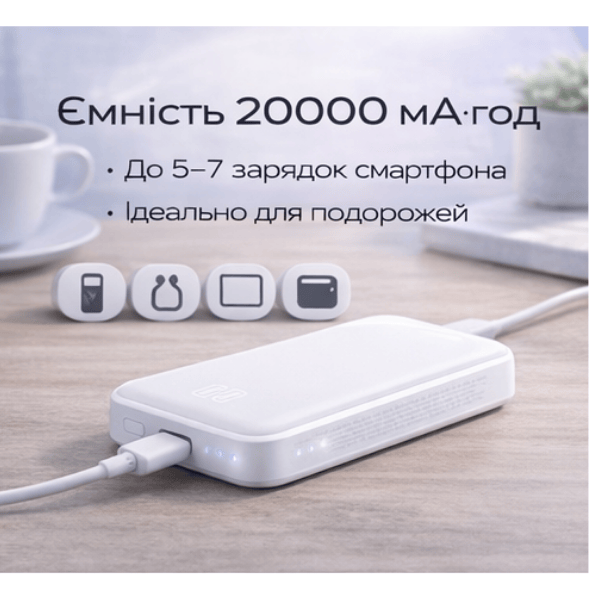 Power Bank Baseus магнітний 20000 mAh, бездротова зарядка 15W, PD 20W (USB-C) White - Фото 2 Power Bank Baseus магнітний 20000 mAh, бездротова зарядка 15W, PD 20W (USB-C) White - изображение 2