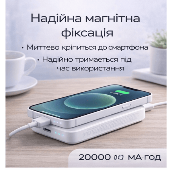 Power Bank Baseus магнітний 20000 mAh, бездротова зарядка 15W, PD 20W (USB-C) White - Фото 4 Power Bank Baseus магнітний 20000 mAh, бездротова зарядка 15W, PD 20W (USB-C) White - изображение 4