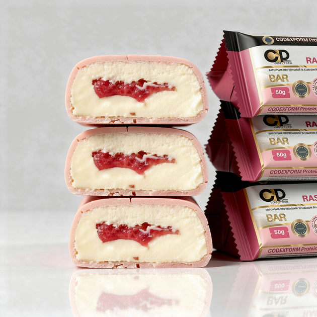 Протеиновый батончик CODEXFORM Raspberry Fusion. Без сахара. 36% протеина. Формула сочетает молочный протеин и гидролизованный коллаген. Вкус йогурта с малиной в натуральном белом шоколаде. Источник качественного белка. - изображение 2