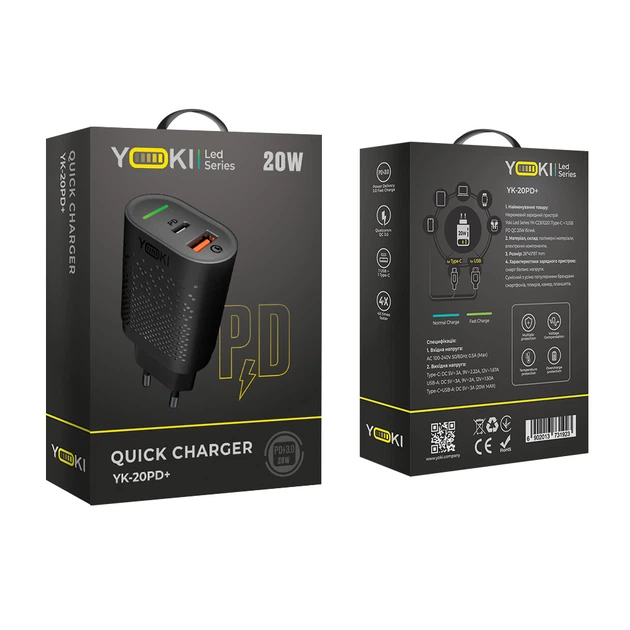 Сетевое Зарядное Устройство Yoki Led Series YK-20PD+QC 20W Черный - изображение 6