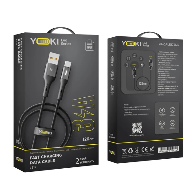 USB YOKI LED YK-LE17 Type-C 3A 1.2m Черный - изображение 2
