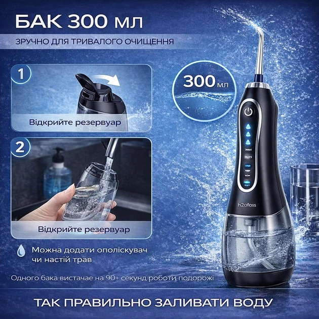Портативный Ирригатор для полости рта H2Ofloss на 300 мл с 5 режимами и 8 насадками для брекетов и ежедневной чистики, водонепроницаемость IPX7, черный - изображение 6